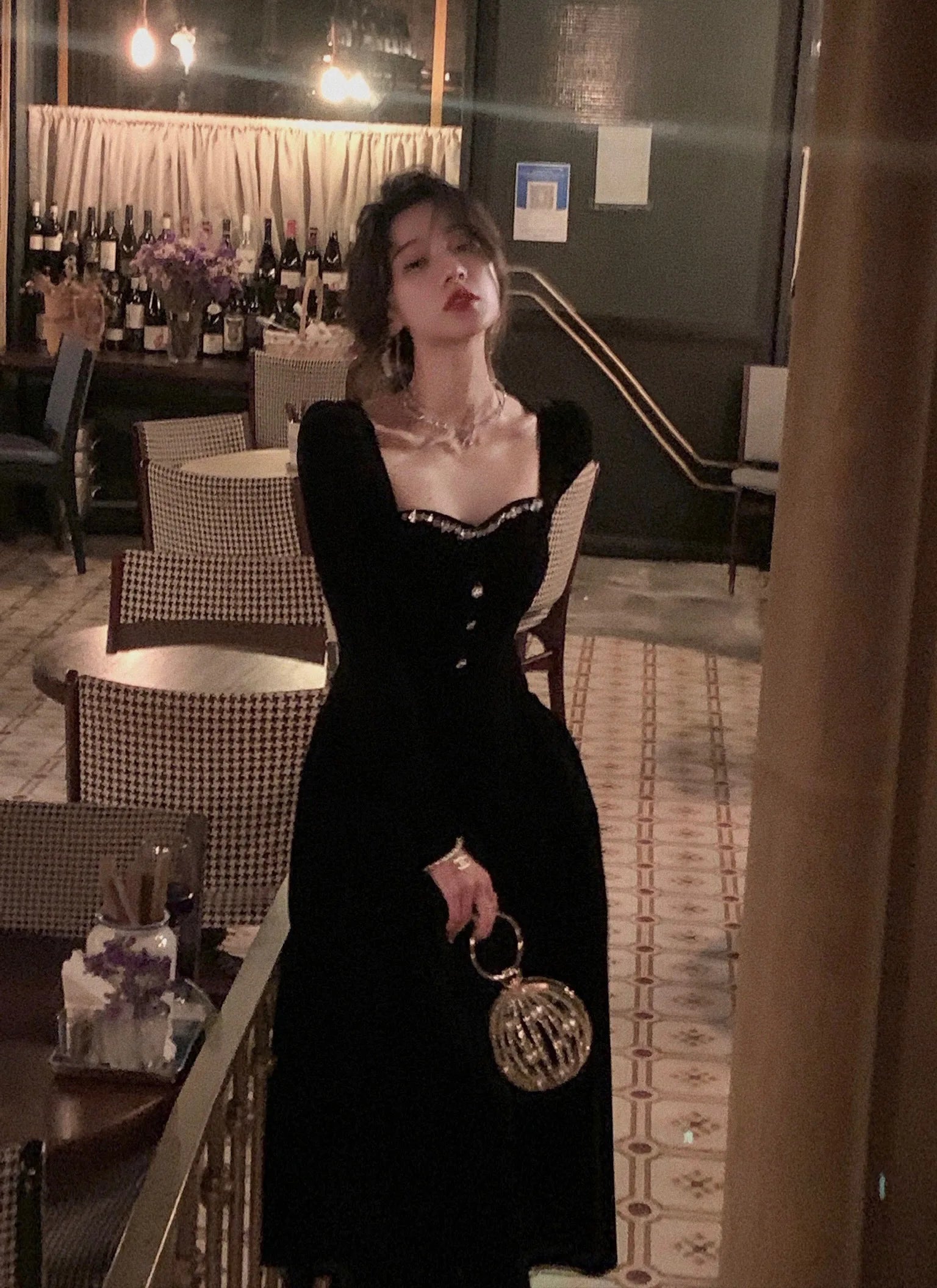 Elegant Wedding Party Black Velvet Midi Dresses for Women Autumn Square Neck Long Sleeves Evening Prom Mini Female Clothing