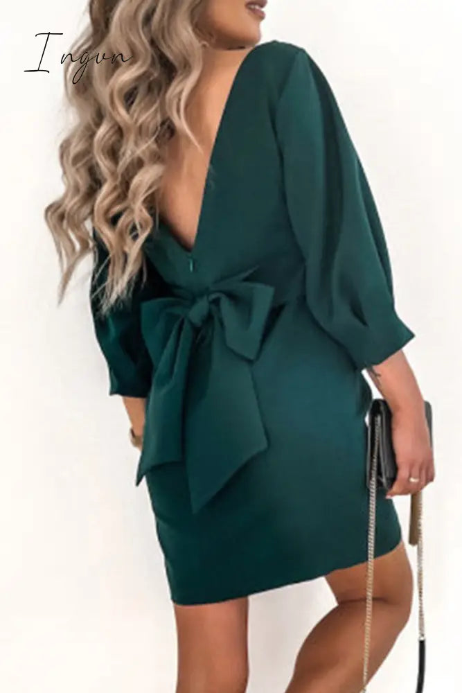 Ingvn - Elegant Solid With Bow Zipper O Neck Pencil Skirt Dresses