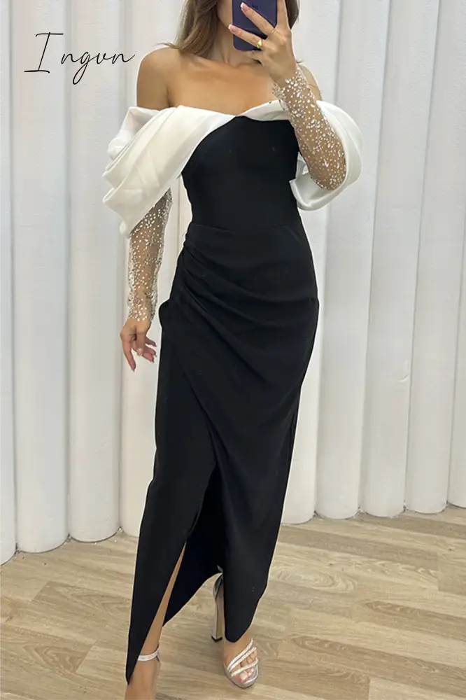 Ingvn - Elegant Solid Slit Fold Off the Shoulder Evening Dress Dresses