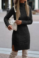 Ingvn - Elegant Solid Slit Weave Turtleneck Long Sleeve Dresses