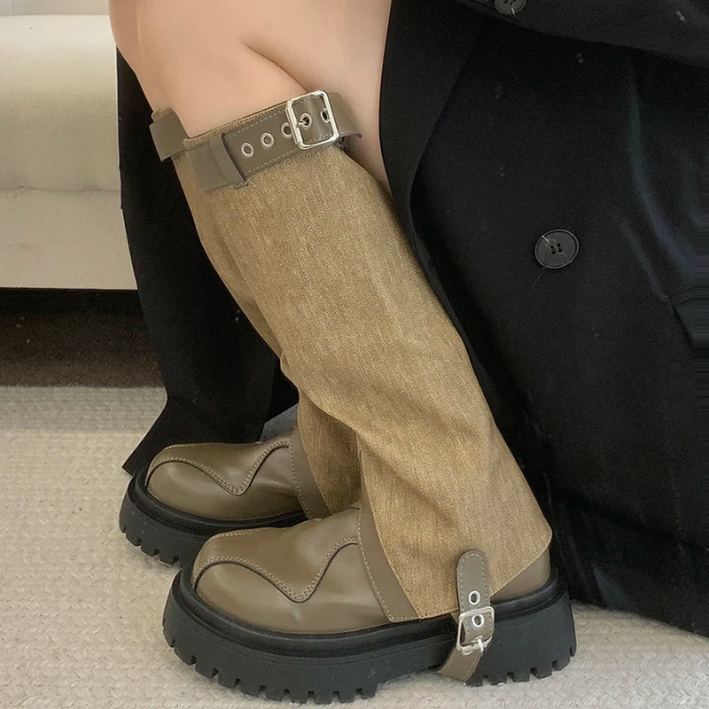 Ingvn  Vintage Winter Belt Buckle Women Knee High Boots Fashion Slip On Long Booties Designer Thick Heels Botas De Mujer