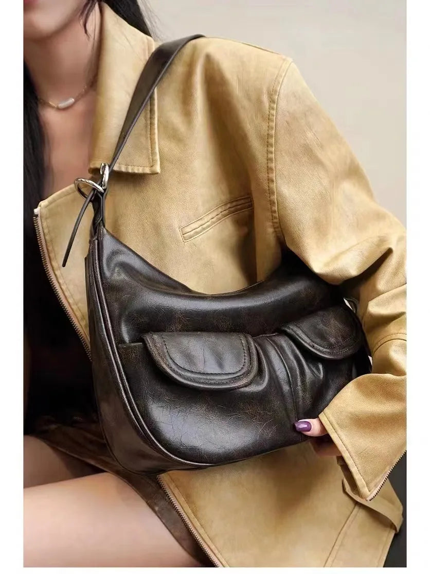 INGVN  2024 New Women Vintage Underarm Bag Korean Office Lady All Match Top-Handle Bags Trendy Fashion Simple Zipper Shoulder Handbags