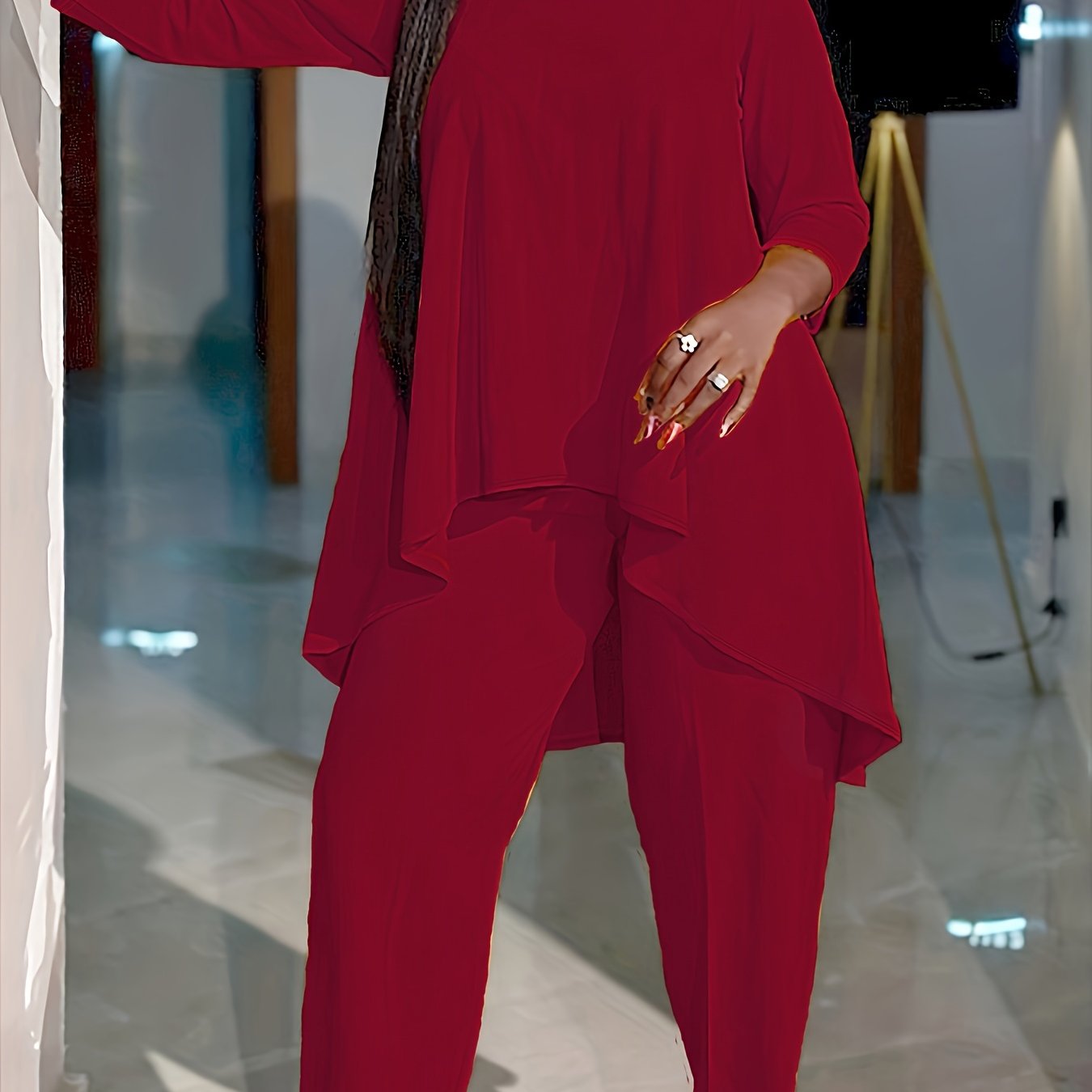 Plus Size Casual Outfits Two Piece Set, Women's Plus Solid Long Sleeve Round Neck Tunic Top & Pants Outfits 2 Piece Set