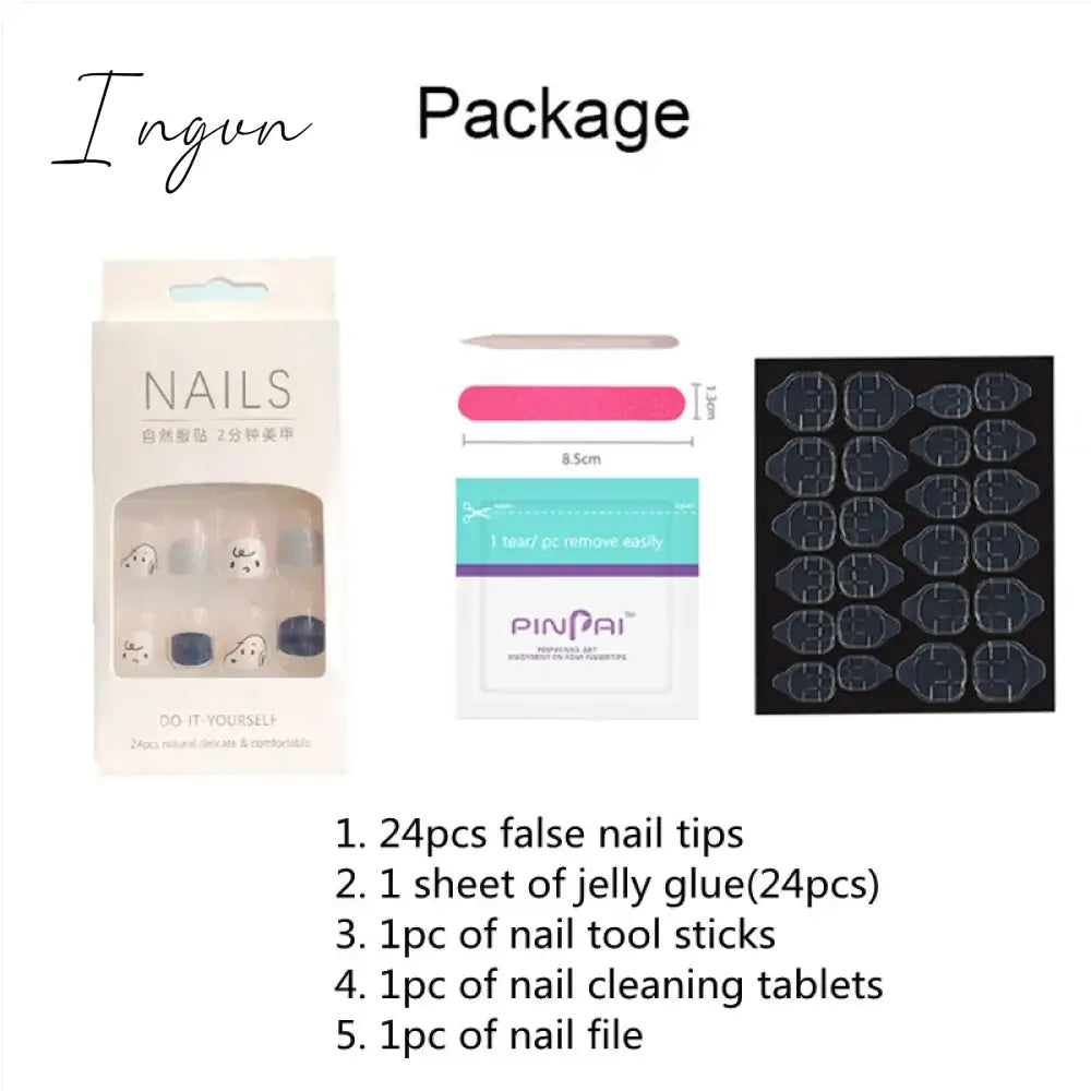 24pcs/box Press On False Nails Blue Camellia Nail Art Wearable Fake Nails Long Ballerina With Wearing Tools