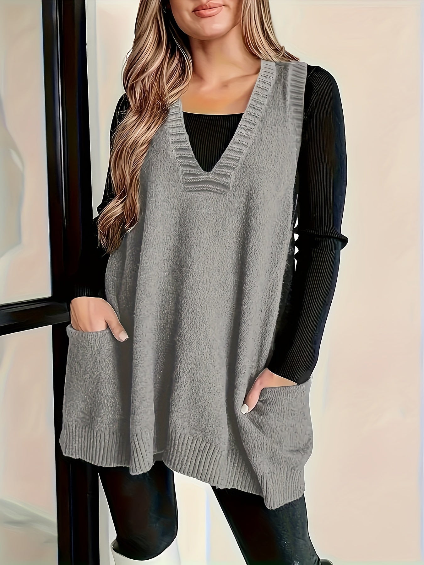 2024 Spring/Fall New Arrival V-Neck Knitted Vest with Pockets, Casual Large Size Pullover Cardigan, Solid Color, Polyester, No Bra Pad, for Casual Outings