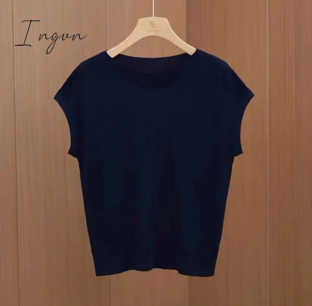 Ingvn - Bat-Sleeved Short-Sleeved T-Shirt Women's Summer New Black Ice Silk Knitted Sweater Loose One-Word Collar Top Thin