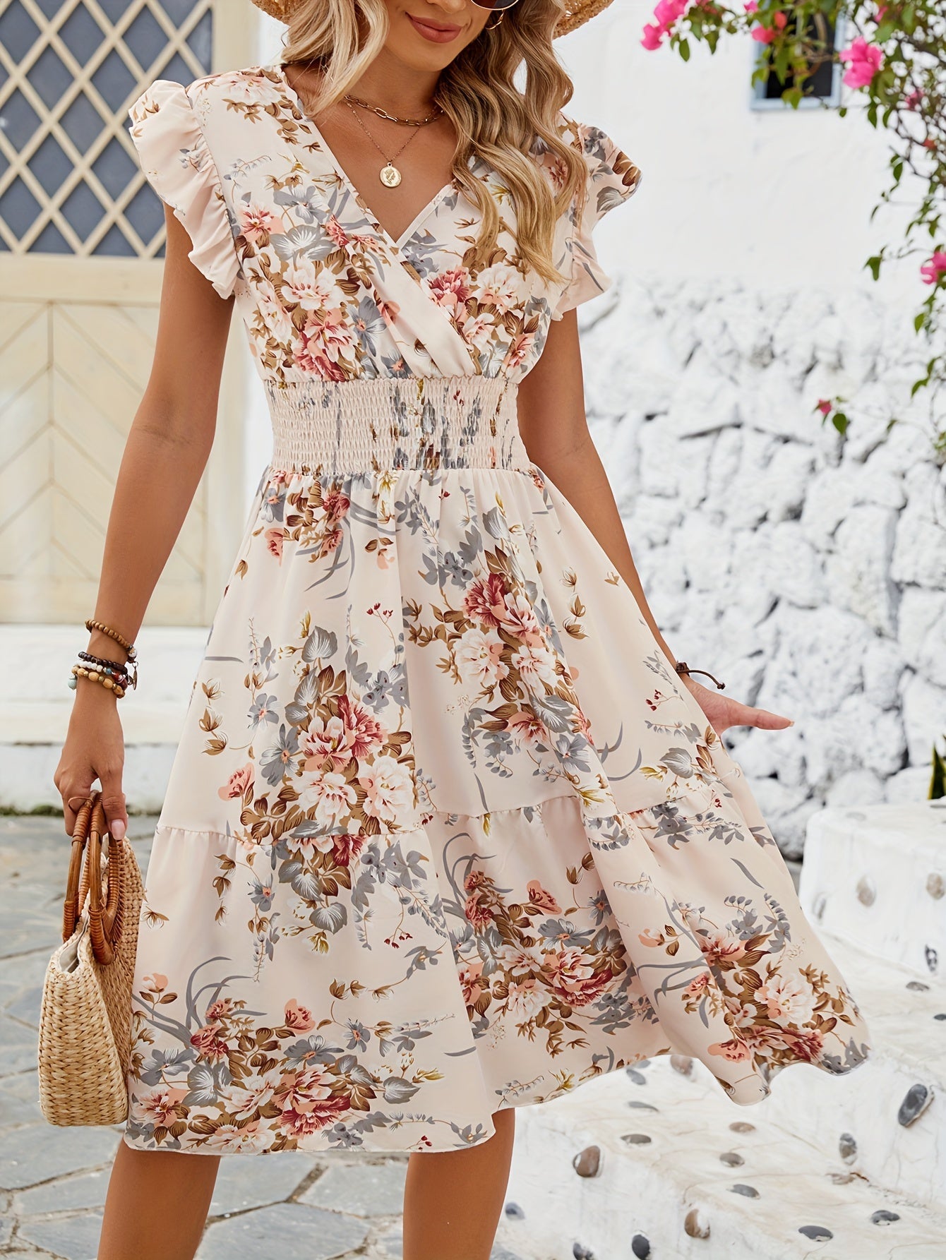 Elegant Peplum A-Line Dress with Crisscross Neck - Shirred Waist, Micro Elasticity, Semi-Sheer, Floral Random Print - Machine Washable, Customized, Spring/Summer Womens Clothing