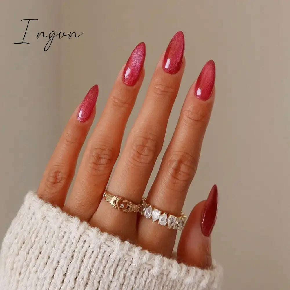 24pcs Short Glitter Purple False Nails  Almond Stiletto French Wearable Fake Nails Art Artificial Full Cover Press on Nail Tips