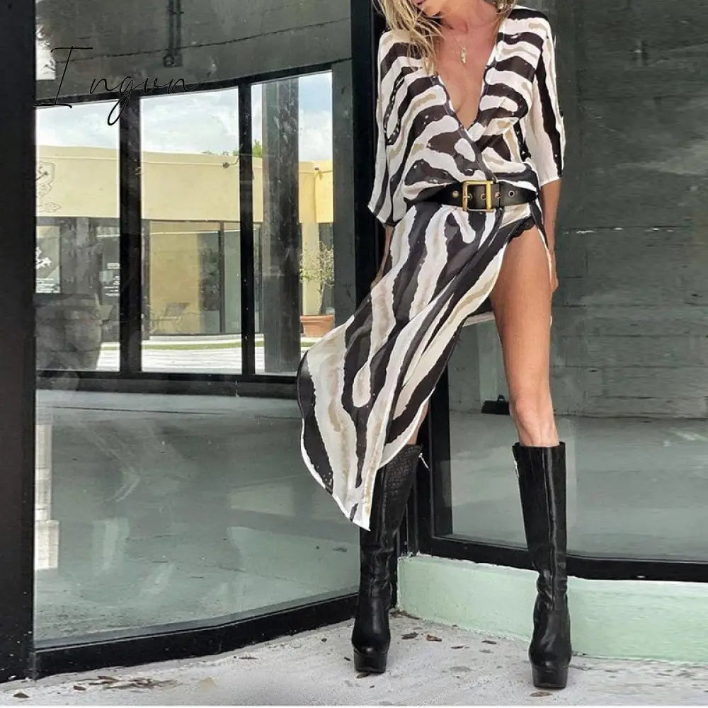 Ingvn - Hot Sale Newest Fashion Beach Women Veil Tops Loose Casual Striped Print Short Sleeve Clothing Female Long Blouse Summer Streetwear