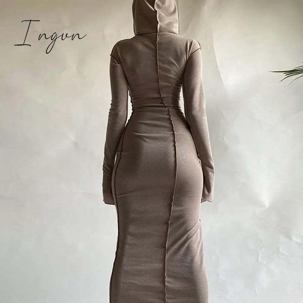 Ingvn - Long Sleeve Hooded Patchwork Skinny Maxi Dress Autumn Winter Women Fashion Streetwear Casual Outfits