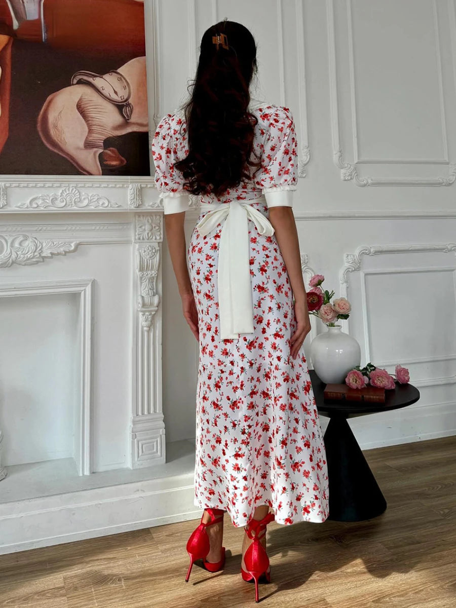 Ingvn  Fashion Slim Print Women's Dress Summer Lapel Short Sleeve Ankle Length Dresses Elegant High Waist Slit Female Dress