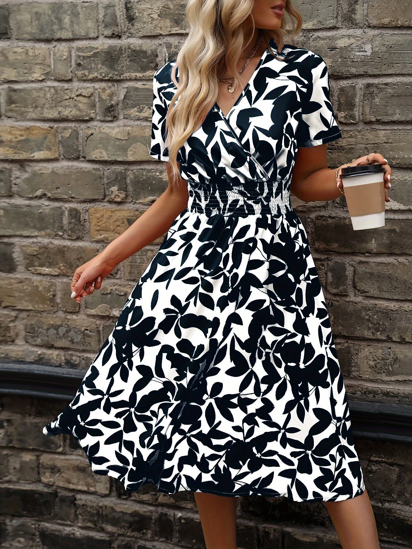 Blooming Floral Wrap Neck Dress - Elegant Short Sleeve, V-Neck, A-Line Silhouette, Spring & Summer Essential, Women's Clothing for Chic Occasions