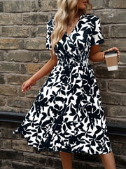 Blooming Floral Wrap Neck Dress - Elegant Short Sleeve, V-Neck, A-Line Silhouette, Spring & Summer Essential, Women's Clothing for Chic Occasions