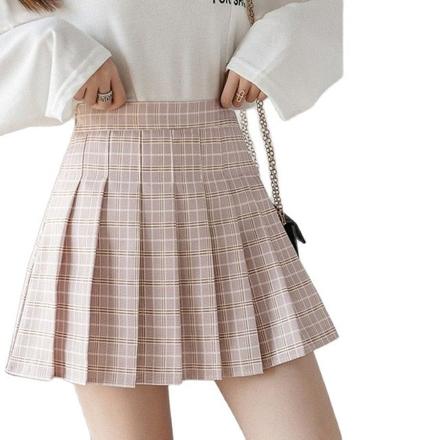 XS-XXL Spring Summer Autumn Women Skirts Student Girl Striped Pleated Waist Female Sweet Mini Dance Plaid Black White Pink Skirt