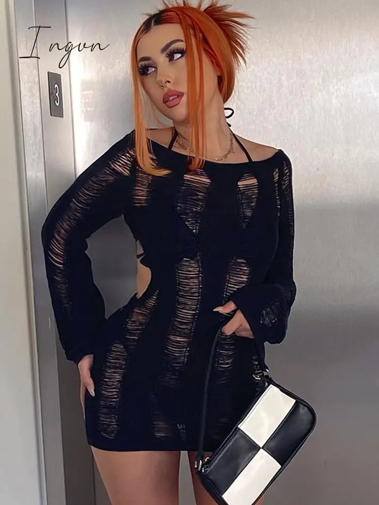 Ingvn - Fashion Trends Round Collar See Through Dress Women Sexy Long Sleeve Elegant Beachwear Hollow Out Backless Knitted Female Dress Summer