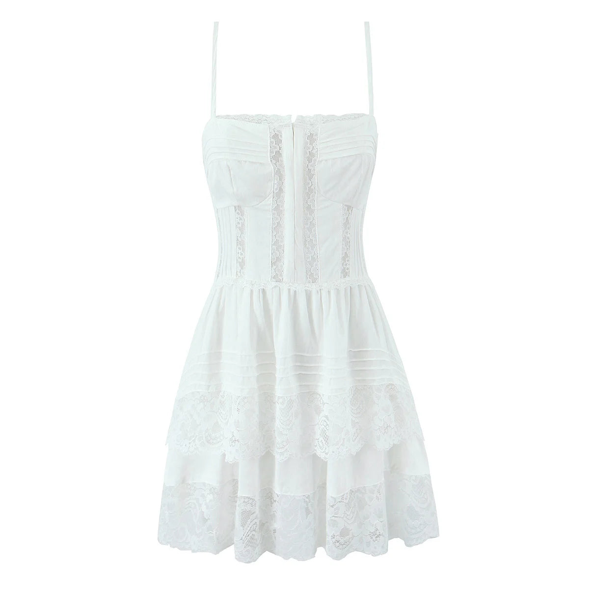 Sexy Sweet Women Lace Spliced White Sling Mini Dress Layers Cake Hem A-line Short Summer Dress Holiday Robe Cotton