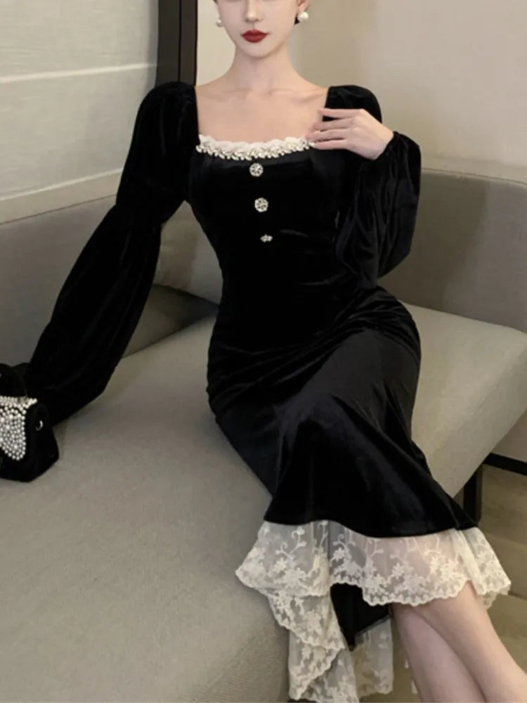 Autumn French Vintage Velvet Dress for Women Elegant Square Collar Single Breasted Party Mermaid Dresses Slim Vestidos Robe New