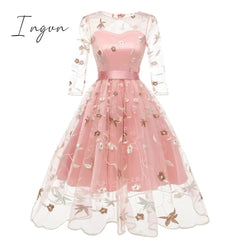 Ingvn - Spring Outfits New Summer Floral Print Embroidery Tulle Female Dress Sweet Elegant High Waist Lace Up A-line Mesh Women Dresses 2XL