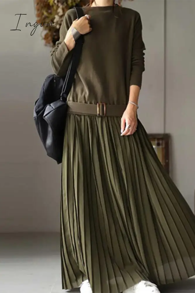 Ingvn - Casual Solid Patchwork Fold O Neck Long Sleeve Dresses