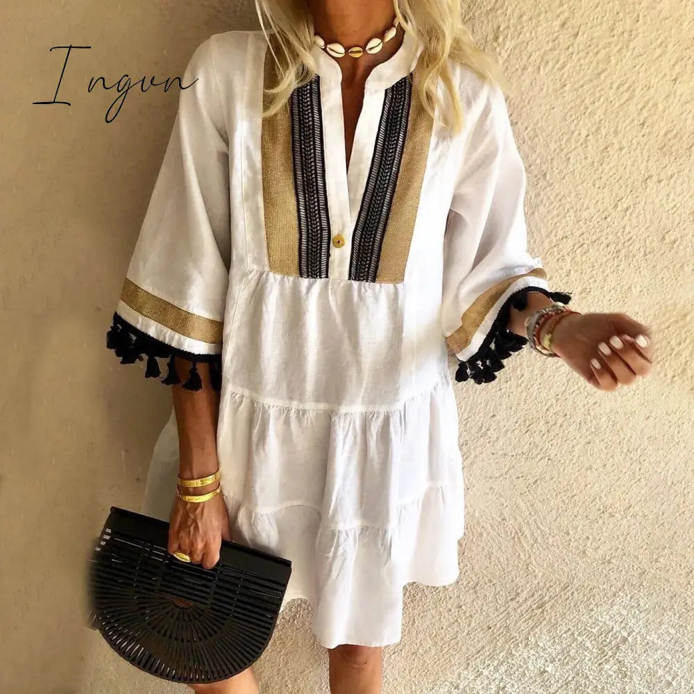 Ingvn - Fashion Tassel Sleeve Women Dress V Neck Lady Patchwork Dress Loose Casual Empire Knee Length Tassel Sleeve Dress