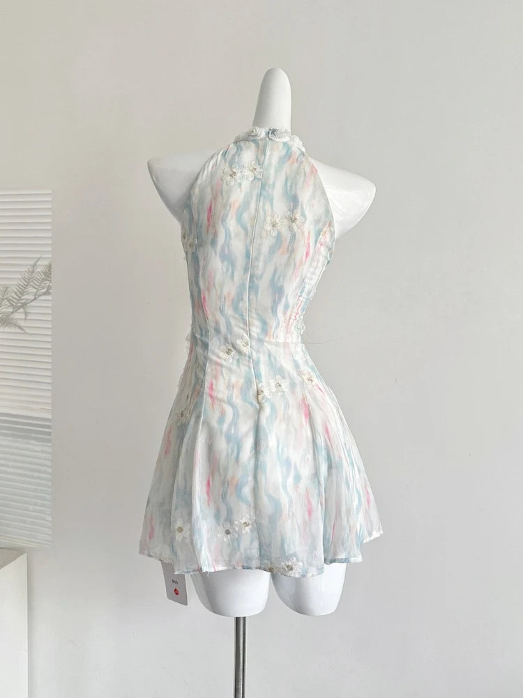 Summer French Elegant Original Design Mini Dress Women Print Lace 3D Floral Halter Party Dress Casual Chic Pretty Clothing