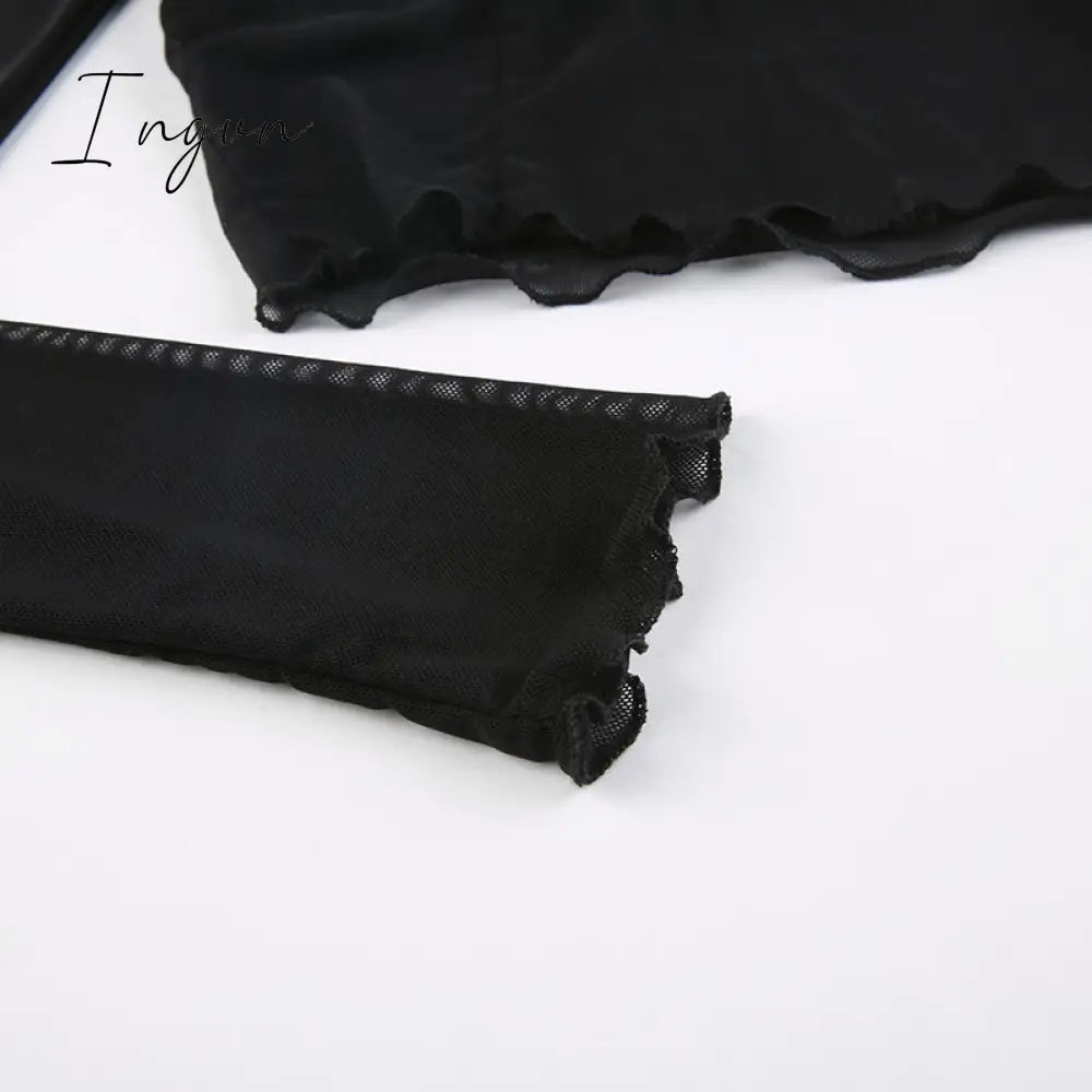 Ingvn - Hot Sell Slash Neck Sexy Black Mesh T-Shirts Women Lace Patchwork Rave Goth Clubwear Backless Halter Tie Up Spaghetti Strap Tops