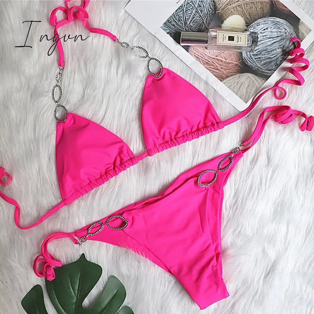Ingvn - New Shiny Crystal Diamond Bikini Women Halter Bandage Swimsuit Female Swimwear Rhinestone Bikini set Brazilian Bathing Suit