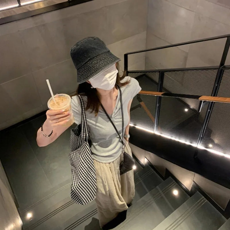 Ingvn  Women Canvas Shoulder Bags Plaid Large Capacity Handbags Female Shopping Portable Lazy All-match Foldable Tote Bag
