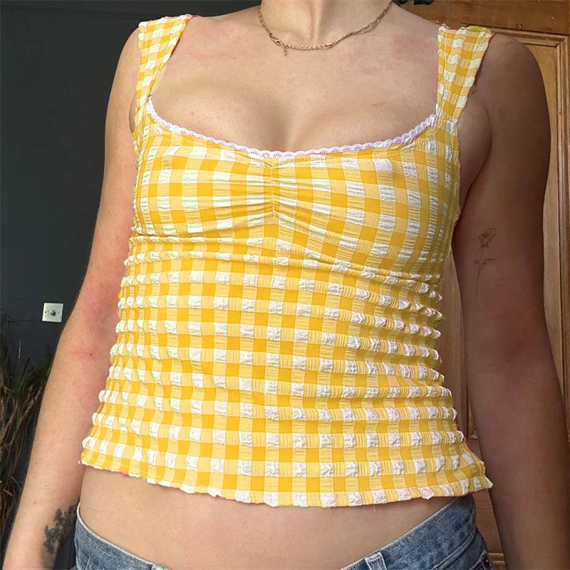 y2k Tops for Women Summer Fairycore Clothing Plaid Print Lace Trim Sleeveless Tanks T Shirts 2000s Clothing Streetwear