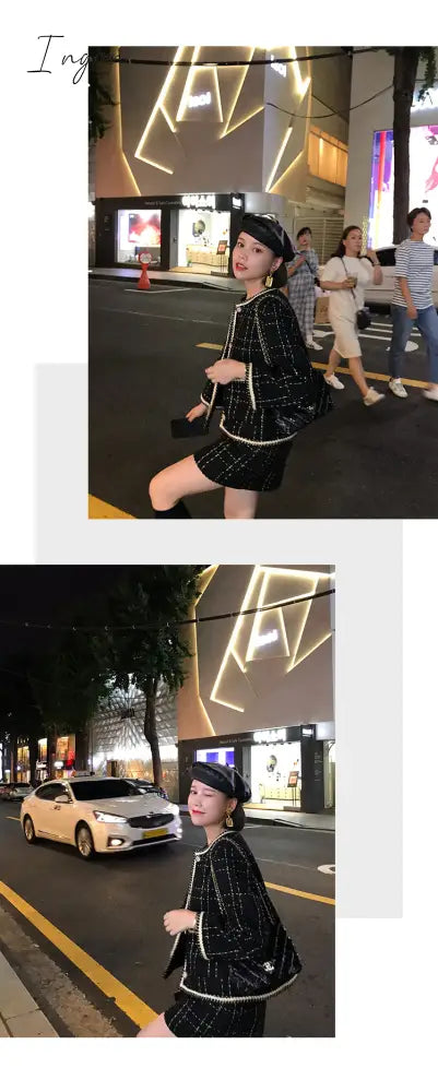 Ingvn - European Style Autumn Winter 2 Piece Set Women Short Woolen Tweed Jacket Coat & Bodycon Mini Skirt Set Women Two Piece Outfits