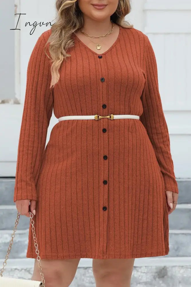 Ingvn - Casual Solid Patchwork V Neck Long Sleeve Plus Size Dresses (Without Belt)