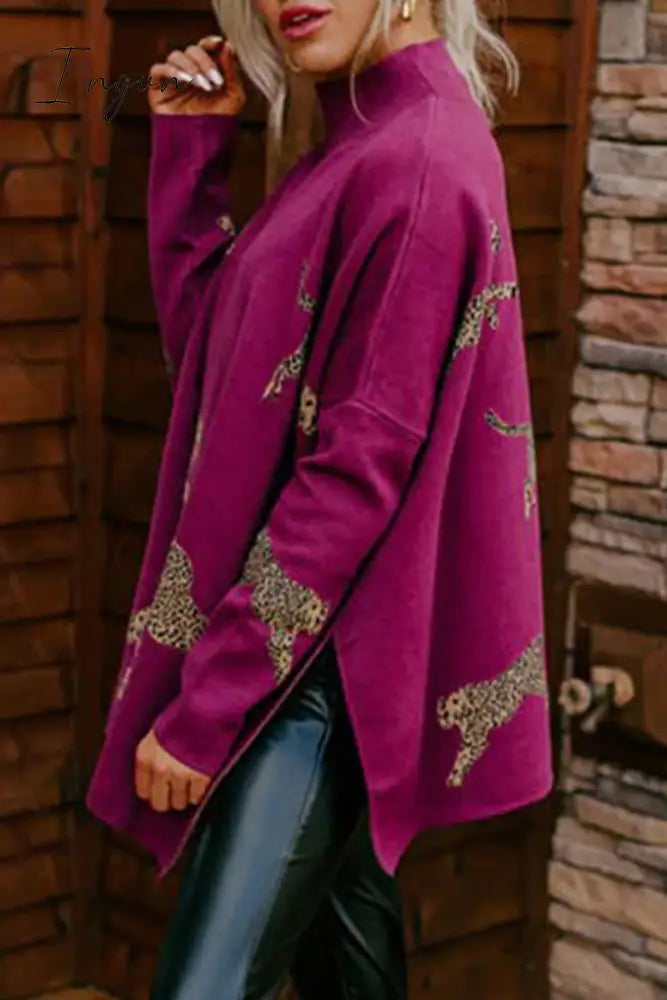 Ingvn - Casual Animal Slit Printing Turtleneck Tops