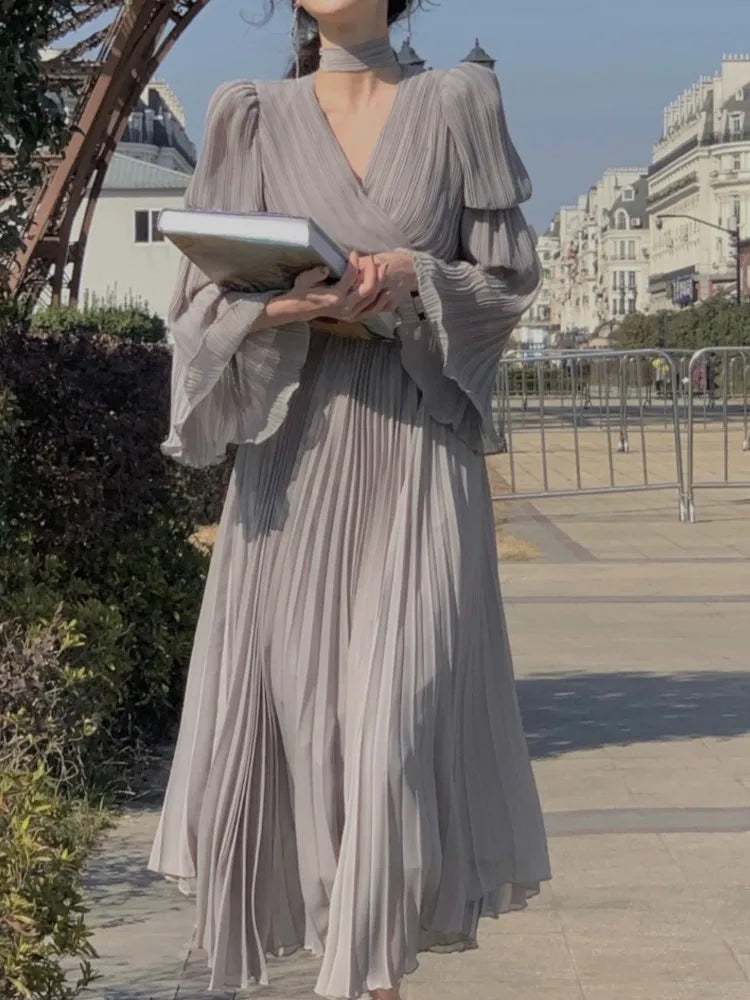 Women's French Ruffle Irregular Long Dresses Elegant Fashion Fairy Pleated Party Evening One Piece Dress Korean Female Clothings