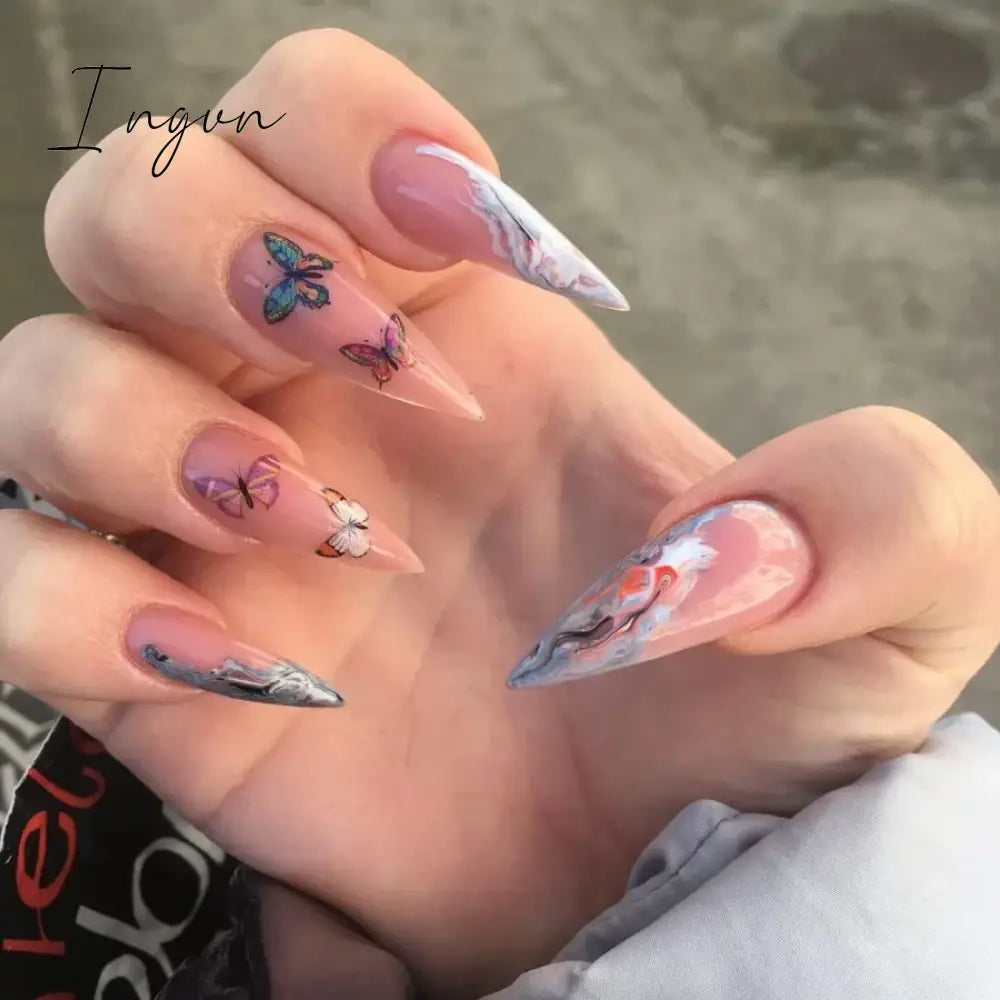 24Pcs 3D Long Almond False Nails Red Nude Ballet Stiletto Wearable Fake Nails MilkTea Color Jelly Full Cover Press On Nail Tips