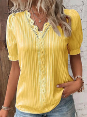 Ingvn - Women's Shirt Blouse yellow-green Violets White Plain Lace Short Sleeve Casual Basic V Neck