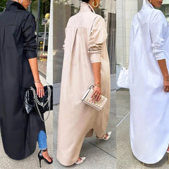 Ingvn - Women Shirt Windproof Shirt Dress Versatile Arc Hem  Stylish Autumn Winter Solid Color Shirt Long Dress