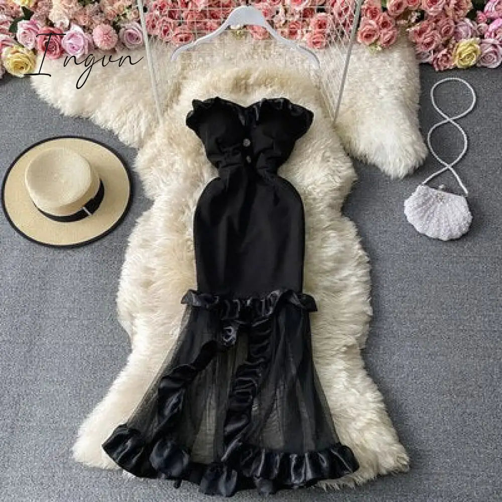 Ingvn - Trends high quality Women Spaghetti Strap Sexy Dress Strapless Bodycon Slim Red Dinner Party Dresses Mesh Patchwork Female Summer Long Dress