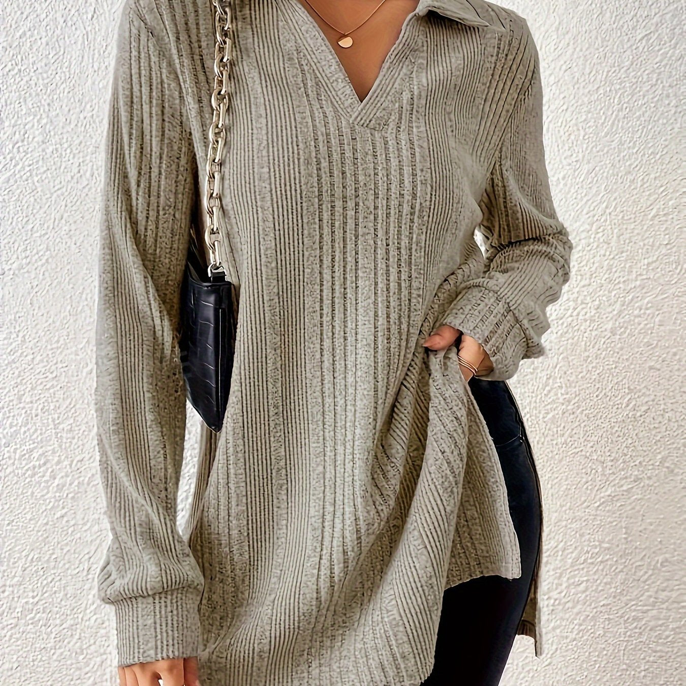 1pc Elegant Solid Color Ribbed Knit V-Neck T-Shirt, Long Sleeve Polyester Top for Women, Spring/Fall Casual Wear