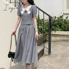 Ingvn - Summer Retro Two Piece Women Skirt Sets Sweet Outifits Puff Sleeve Crop Top+A Line Midi Skirts Korean Fashion Hepburn Dress Suit