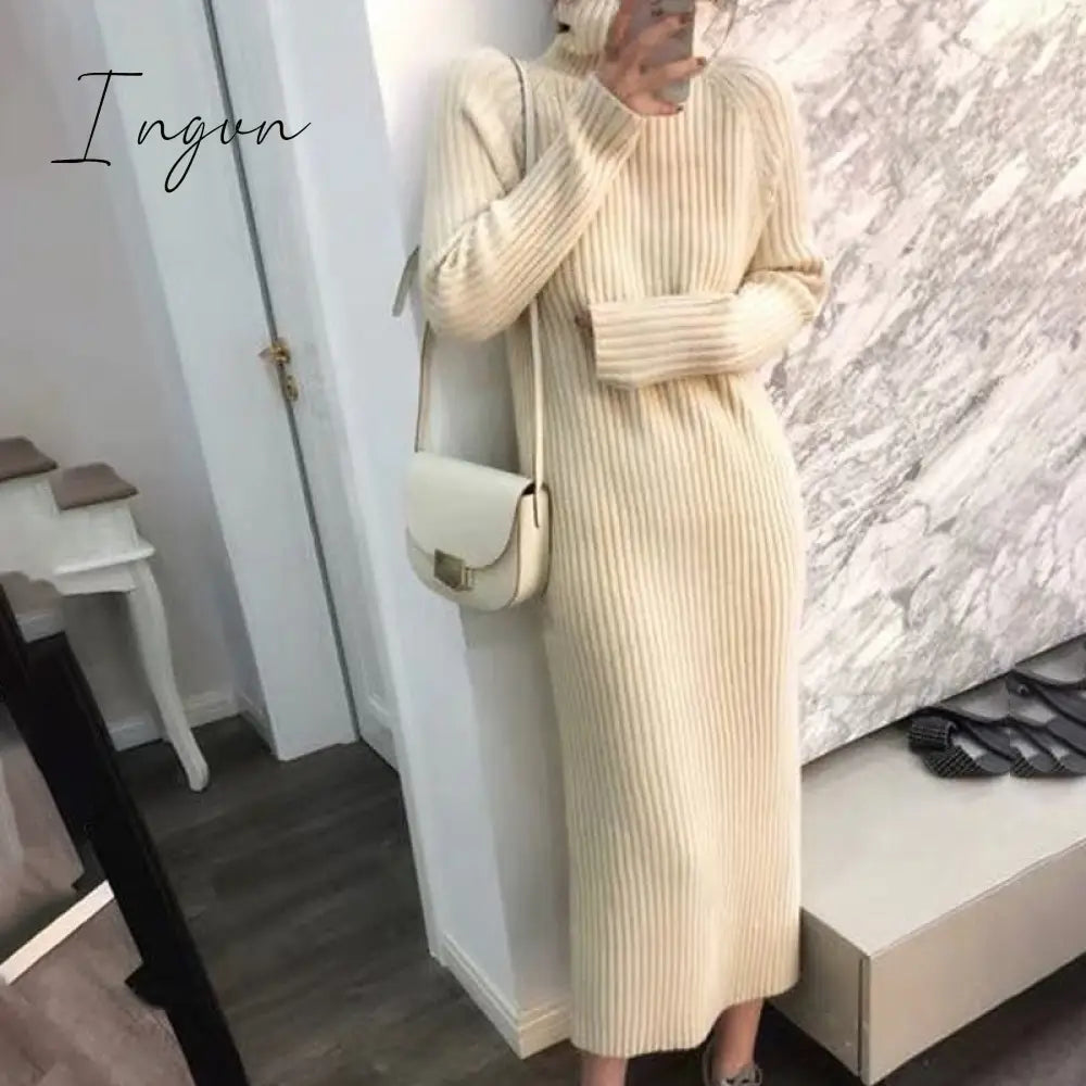 Ingvn - Turtleneck knitted sweater dress ladies fall winter elastic cashmere bottoming shirt midlength over the knee thick sweater dress