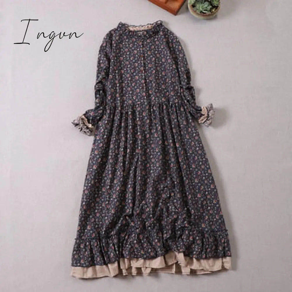 Ingvn - Japanese Mori girl art print dress autumn new floral  dress loose long-sleeved  dress