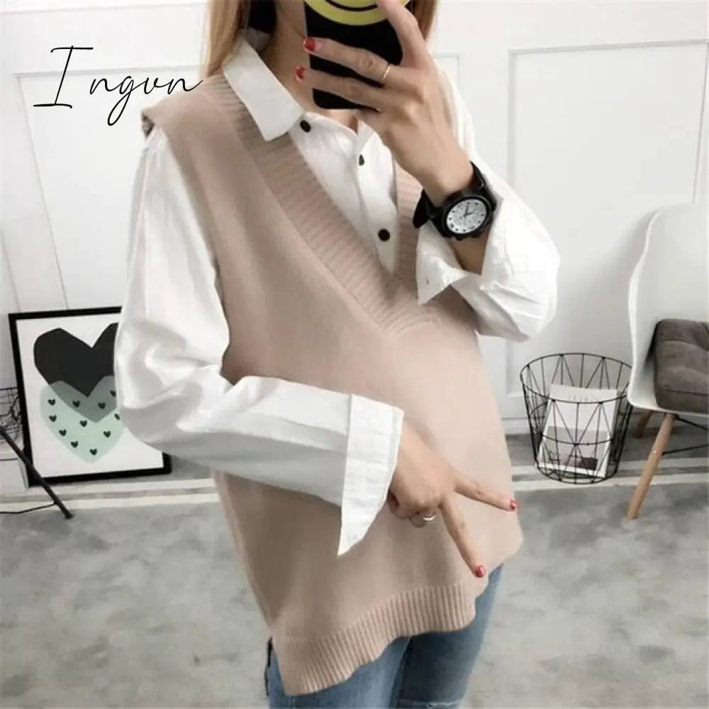 Ingvn - Fashion Women Knitted Vest Pullovers V Neck Sleeveless Houndstooth Knitted Jumper Pullovers Korean Loose Plaid Sweater Vest