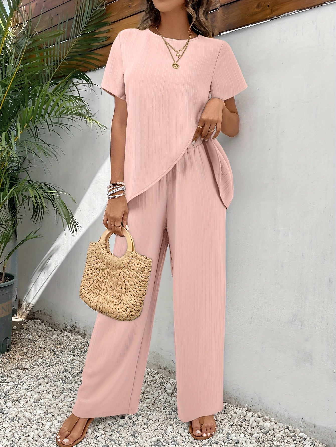 Womens Solid Color Casual Pants Set - Crew Neck Short Sleeve Top & Pants Outfits with Machine Washable Polyester Fabric, No Elasticity, and Asymmetrical Hem - Perfect for Spring/Summer Season