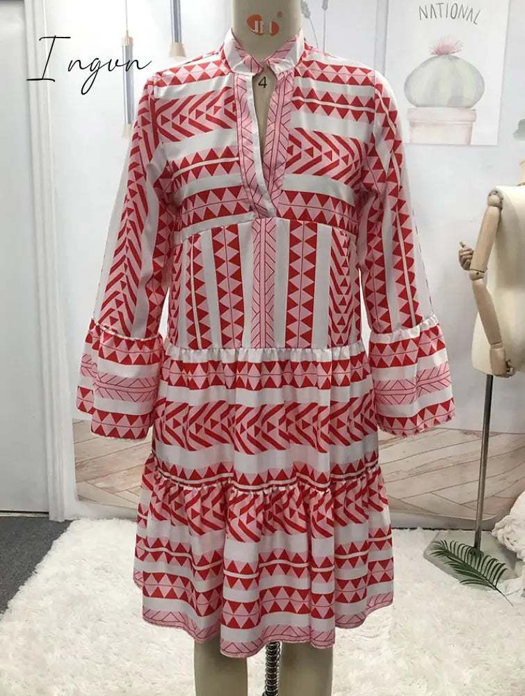 Ingvn - V neck Swing Women Daily Cotton Bell Sleeve Printed Tribal Summer Dress