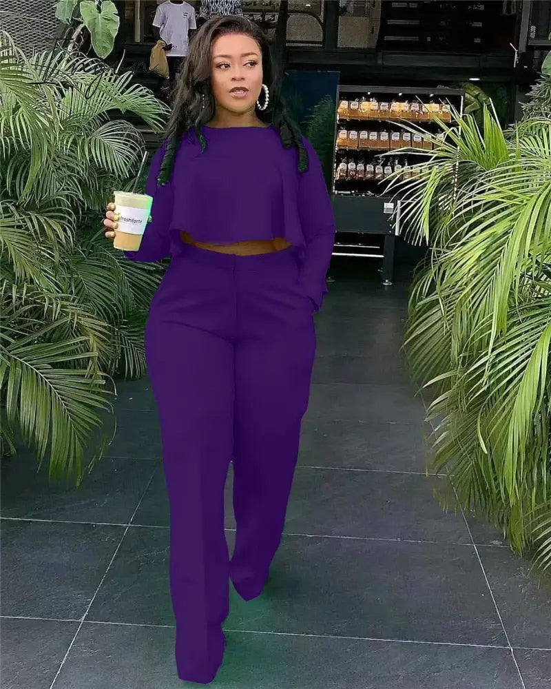 Ingvn - 2023 Elegant Work Wear Two Piece Set Fall Clothes for Women Ruffles Crop Top and Wide Leg Pants Suits Matching Sets Sexy Club Outfits