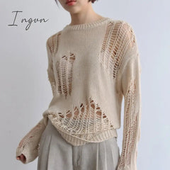 Ingvn - Autumn New Korean Style Long-sleeved Sexy Hole Sweater Asymmetric Hem Loose Pullover Hollow Out Thin Knit Sweater Jumper Tops