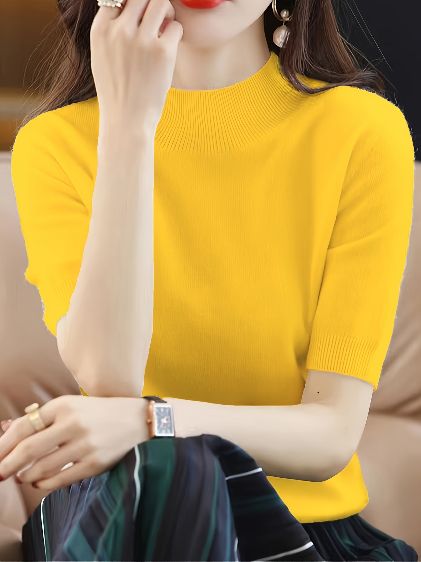 Premium Soft Knit Womens Sweater - Chic Mock Neck, Short Sleeve Pullover - Stylish & Elegant Wardrobe Staple