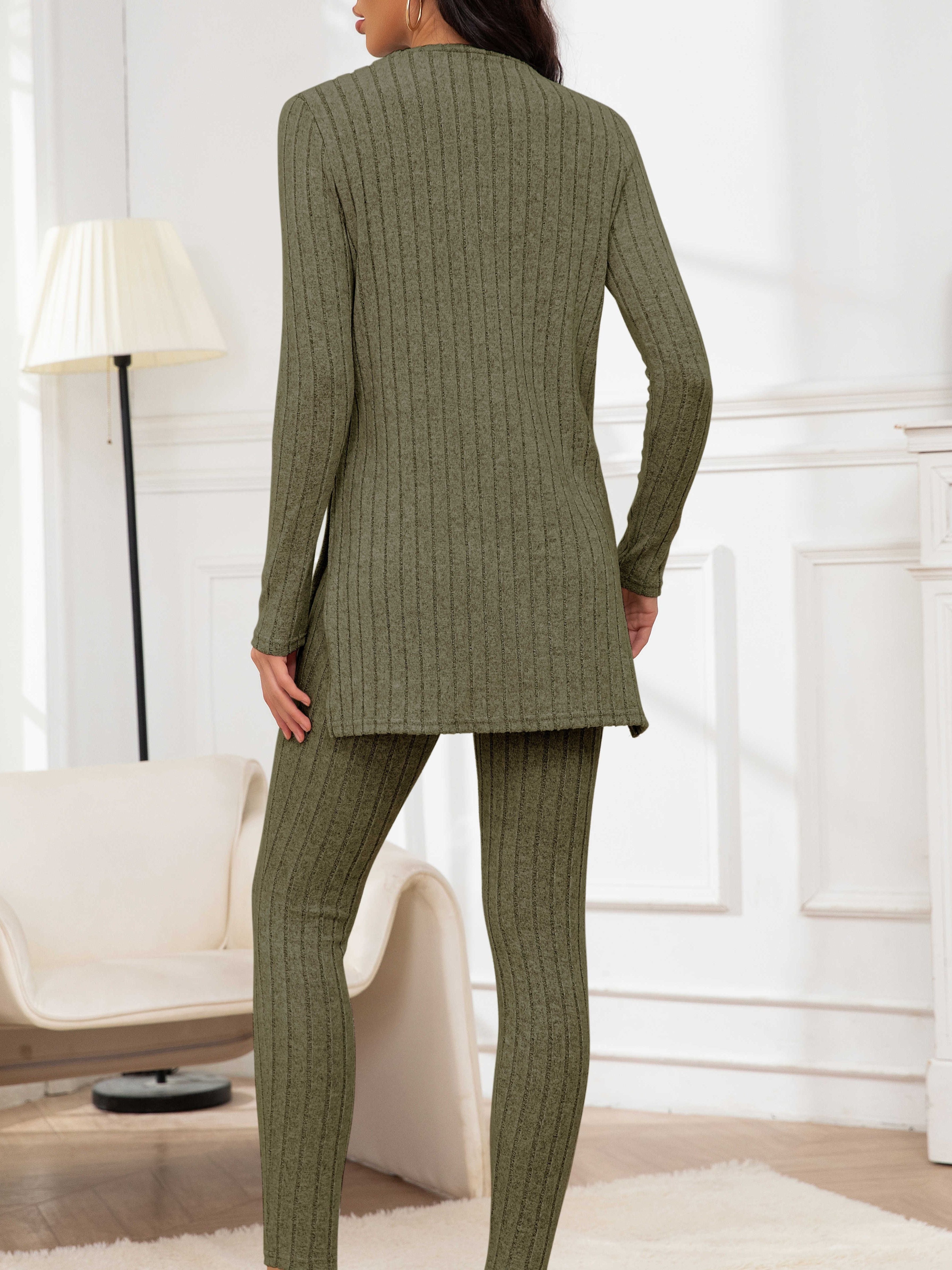 Casual Ribbed Knit Two-piece Set, Split Hem Long Sleeve Top & Slim Pants Outfits, Women's Clothing