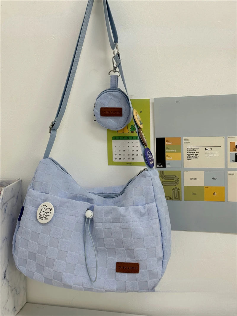 INGVN  Harajuku Style College Crossbody Bag Solid Color Plaid Print Large Capacity Shoulder Bag New Cute Fashion Designer Handbag