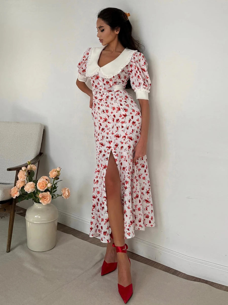 Ingvn  Fashion Slim Print Women's Dress Summer Lapel Short Sleeve Ankle Length Dresses Elegant High Waist Slit Female Dress